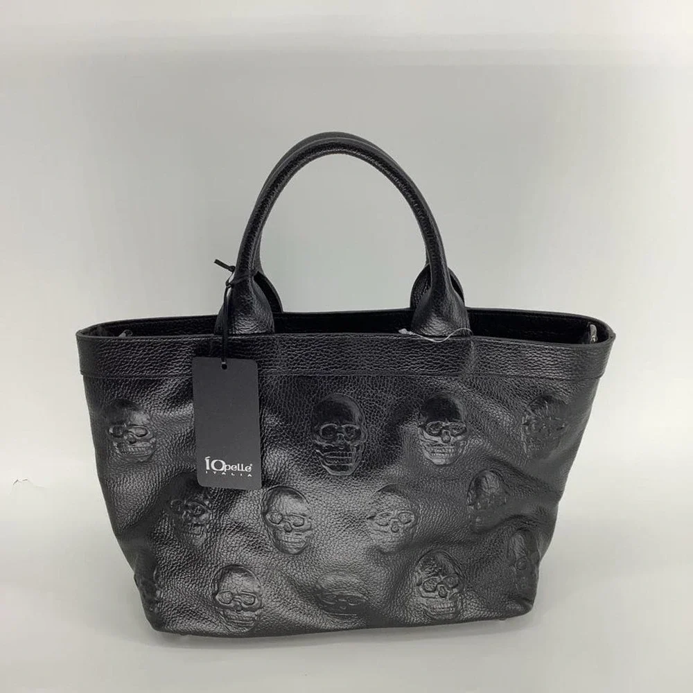IO PELLE Italia Black Leather Skull Embossed Tote Bag Crossbody Made in Italy